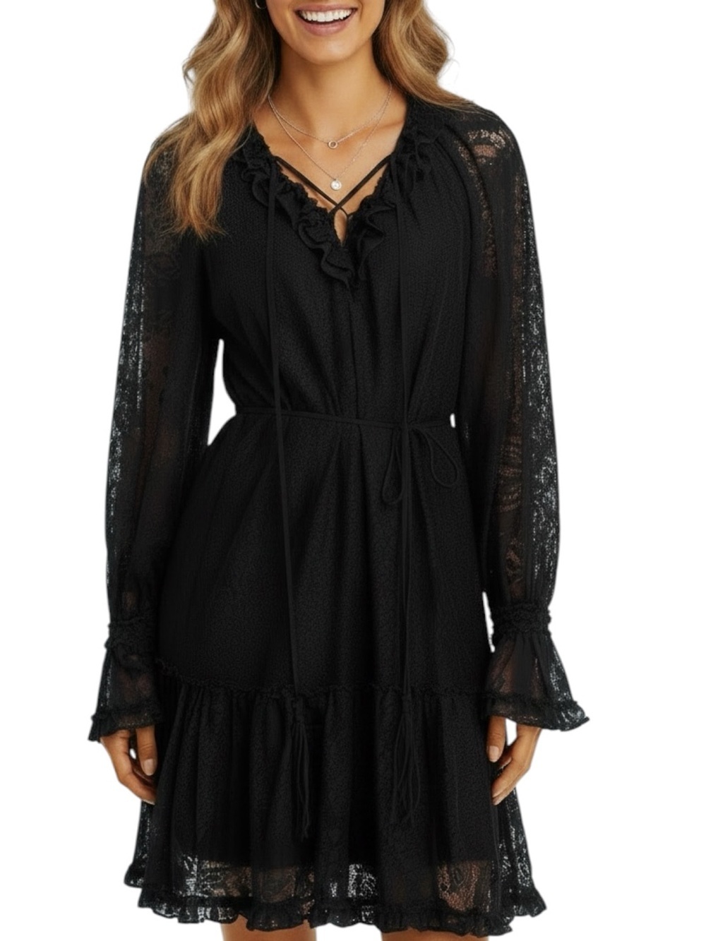 NWT KOBI HALPERIN Black Long Sleeve Lace Ruffle Tie Waist Lined Dress Size Small